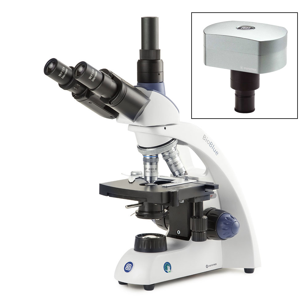 Globe Scientific BioBlue trinocular microscope SMP 4/10/S40/S100x oil objectives with mechanical stage and 1W NeoLED™ cordless illumination, with CMEX-18 Pro, 18.0MP digital USB-3 camera with 1/2.3 inch CMOS sensor Microscope;Trinocular;mechanical stage;SMP;